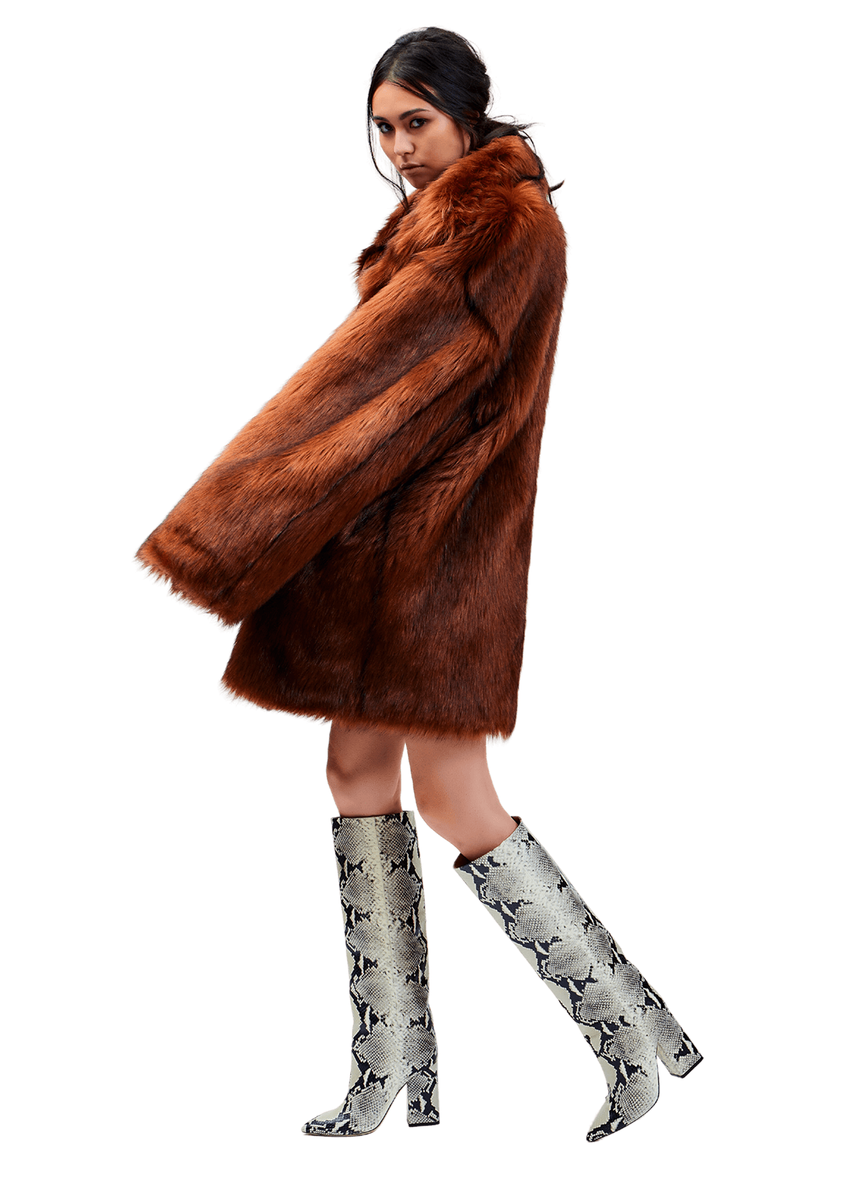 Model wears ARK/8 Faux Fur Rune Coat in a Size M/L - Side View