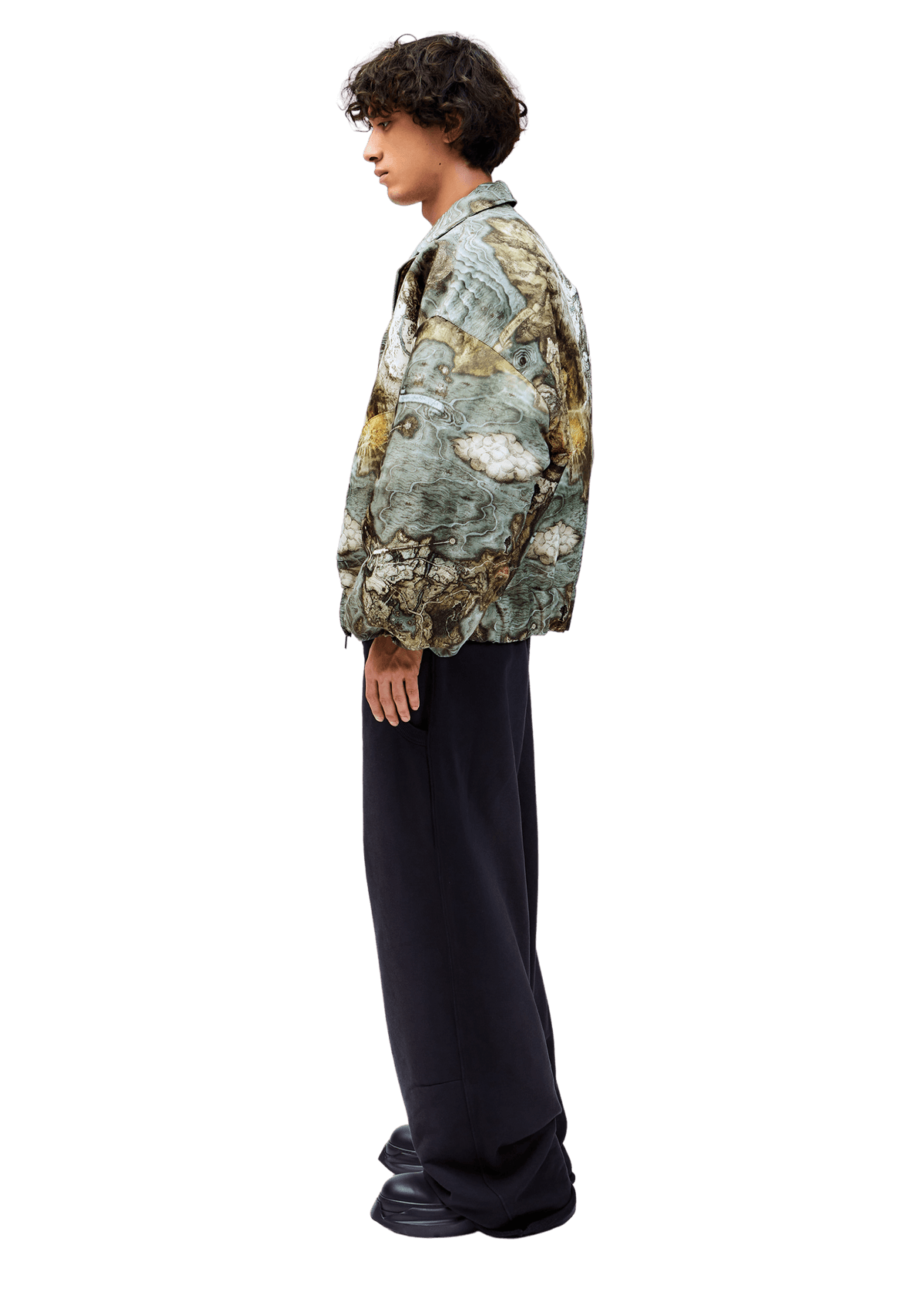 Model wears ARK/8 The Lands Between Bomber Jacket in a Size M - Side View