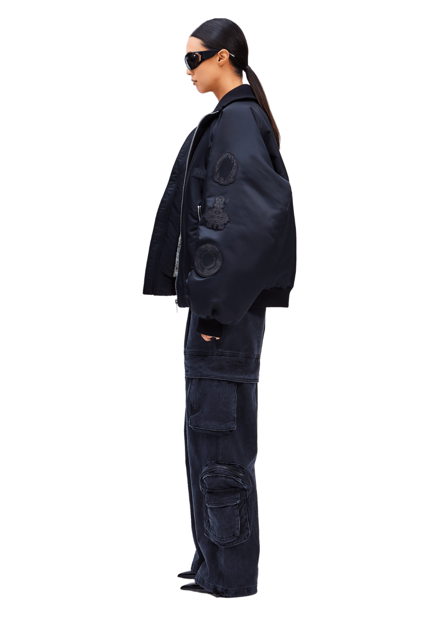 Models wear High Neck Rune Bomber Jacket