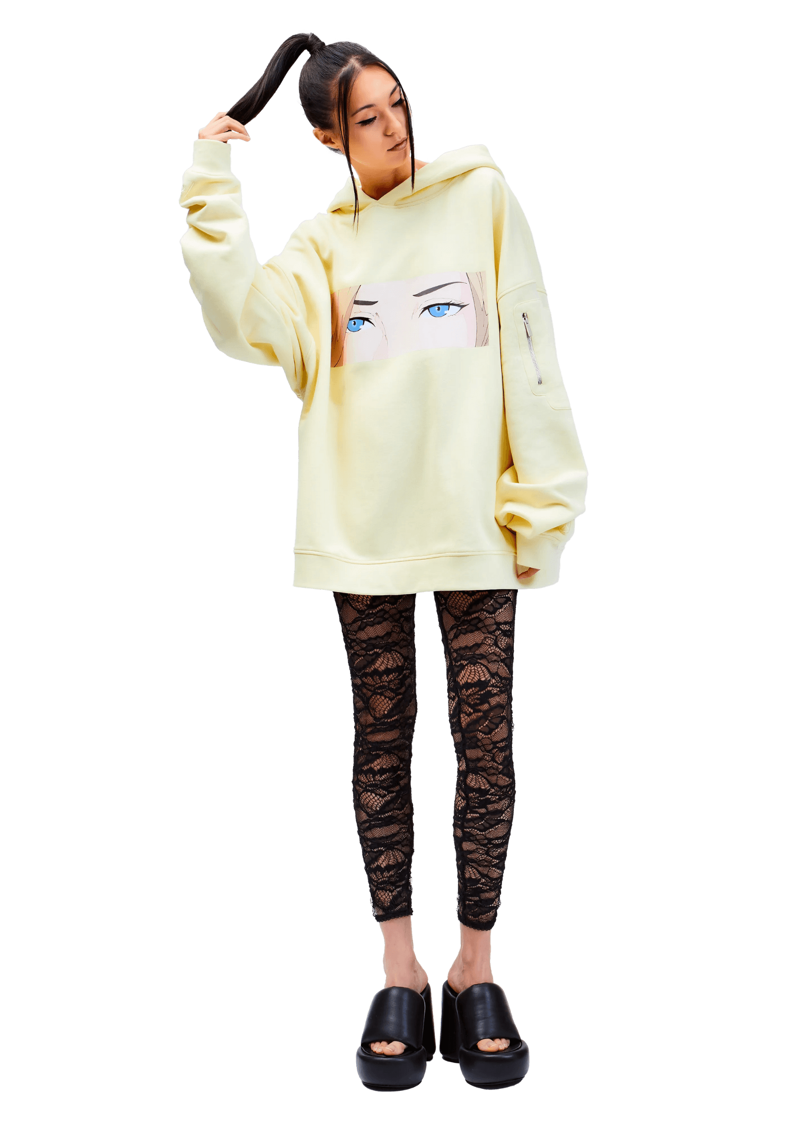 Model wears ARK/8 Anime Mercy  Oversize Pullover Hoodie M - Front View