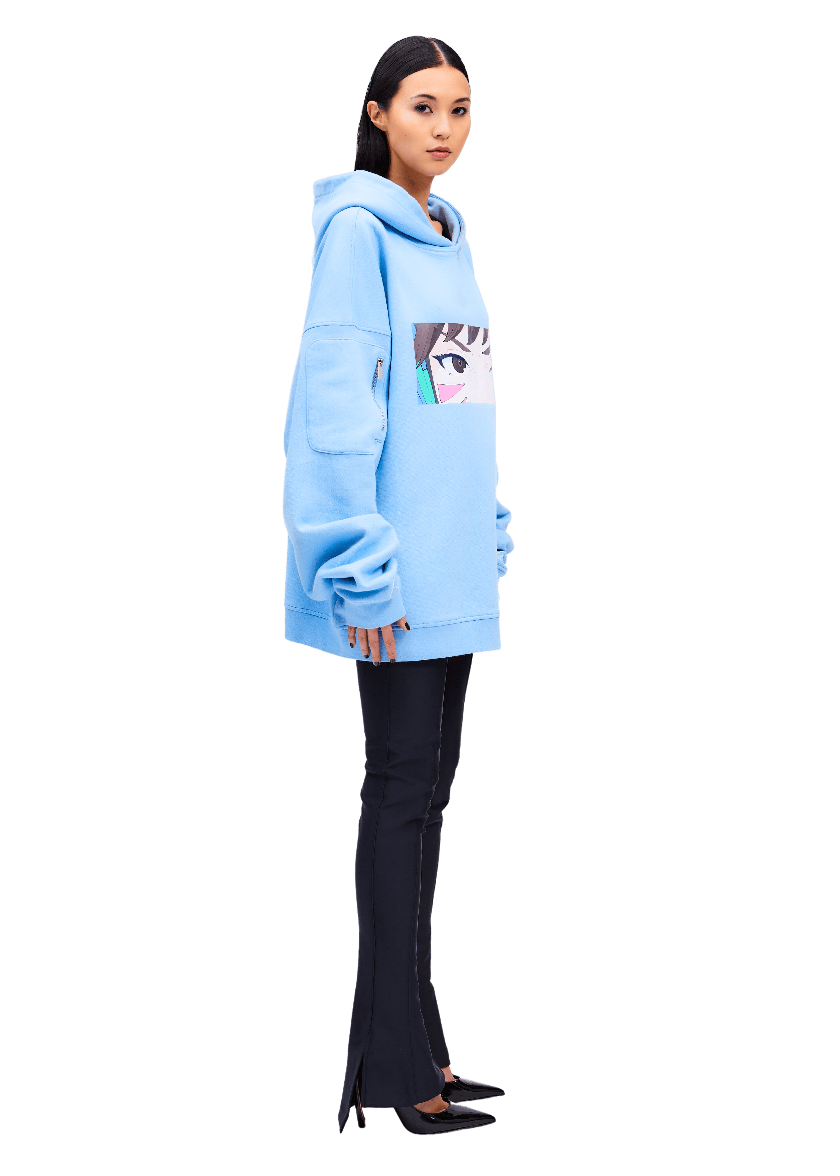 Model Wears ANIME D.VA OVERSIZE PULLOVER HOODIE - Side