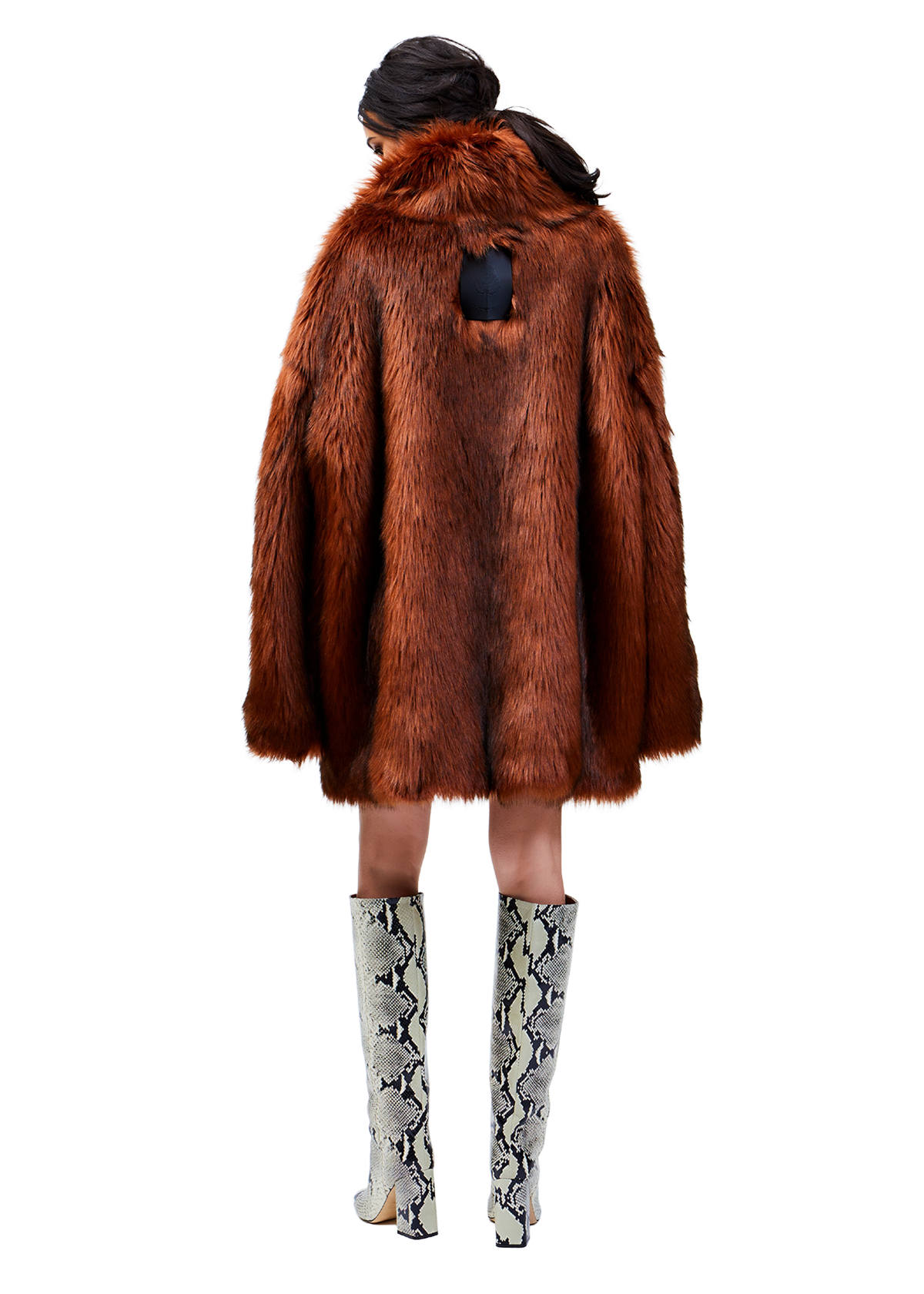 Model wears ARK/8 Faux Fur Rune Coat in a Size M/L - Back View