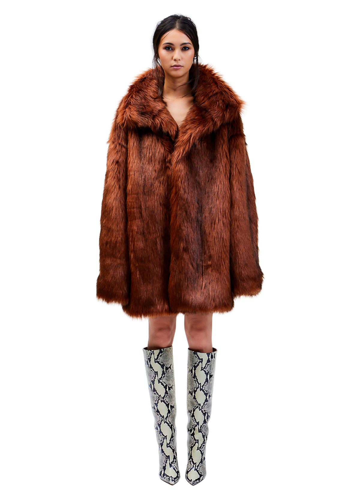 Model wears Faux Fur Rune Coat in M/L - Front View
