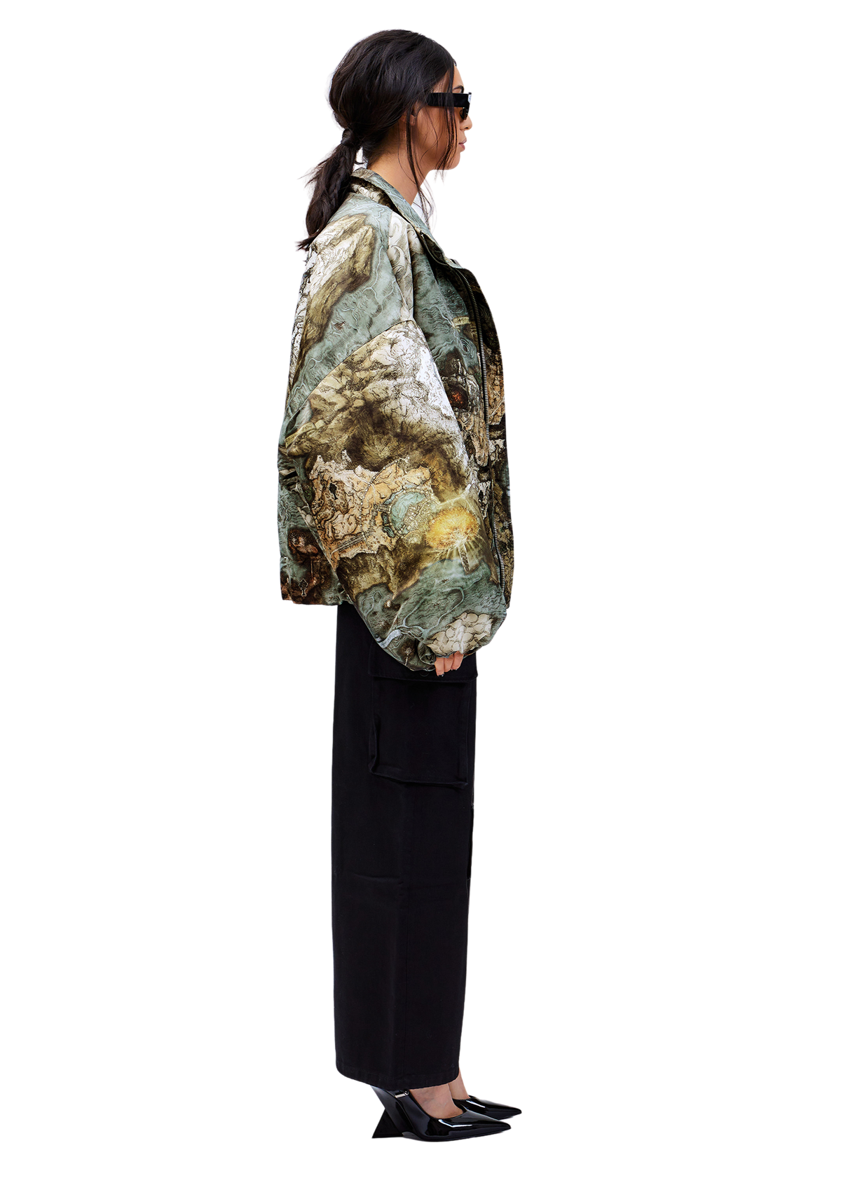 Model wears ARK/8 The Lands Between Bomber Jacket in a Size M - Side View