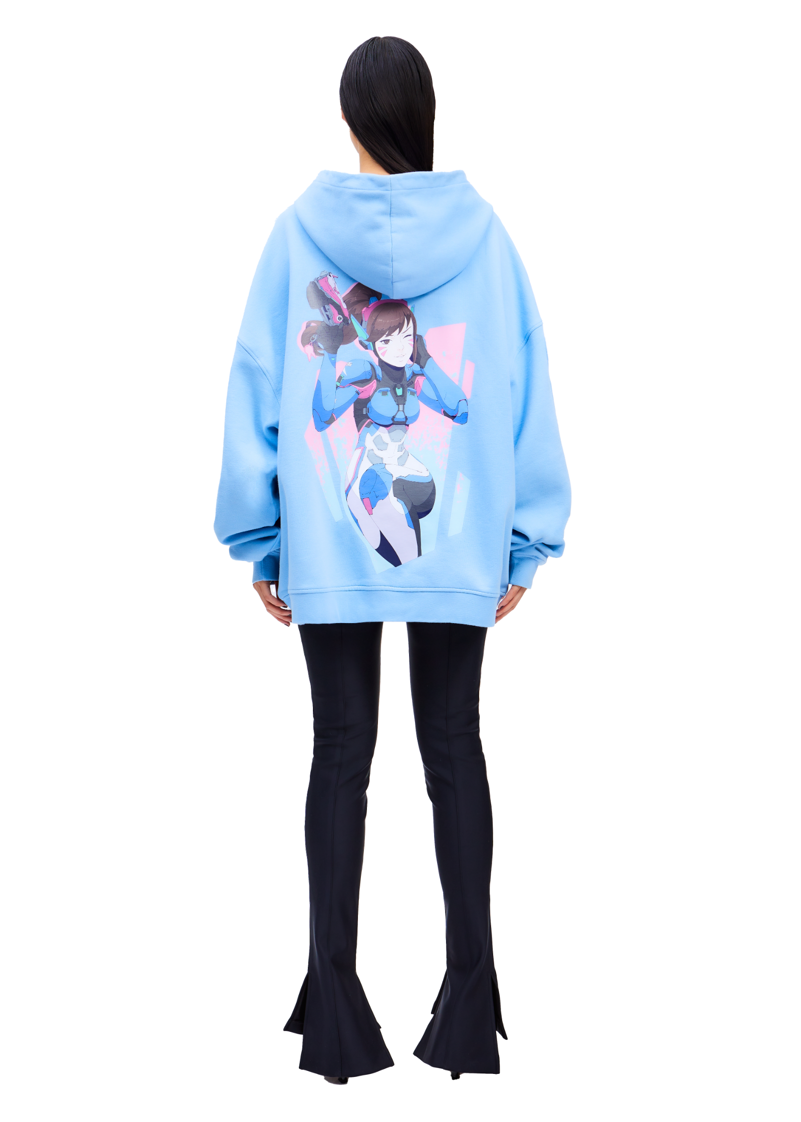 Model Wears Anime DVa Oversize Pullover Hoodie - rear